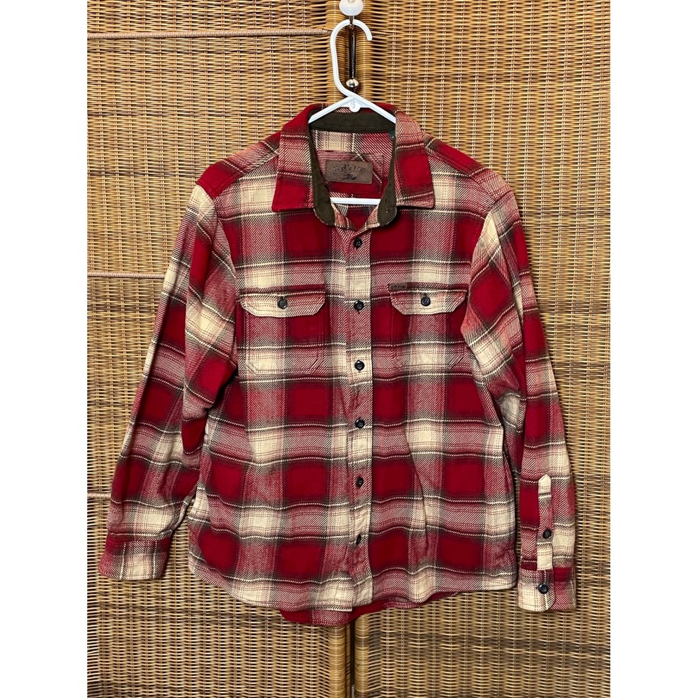 Orvis Mens Flannel Shirt Medium Red Cream Plaid Cotton Long Sleeve pockets
